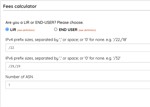 AfriNIC Fees Calculator Form